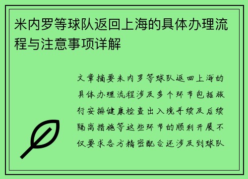 米内罗等球队返回上海的具体办理流程与注意事项详解